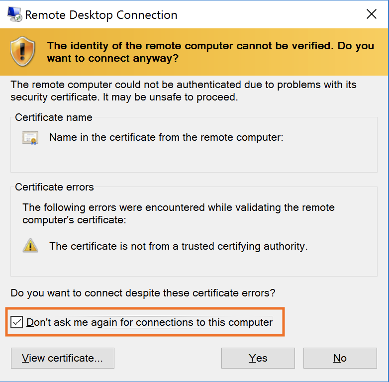 RDP accept certificate