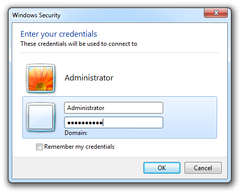 Windows 7 Remote Desktop Connection credentials